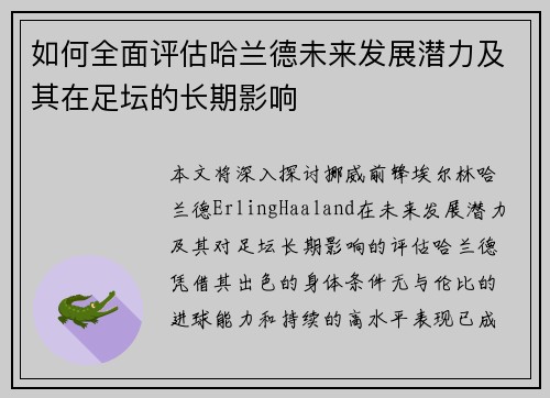 如何全面评估哈兰德未来发展潜力及其在足坛的长期影响